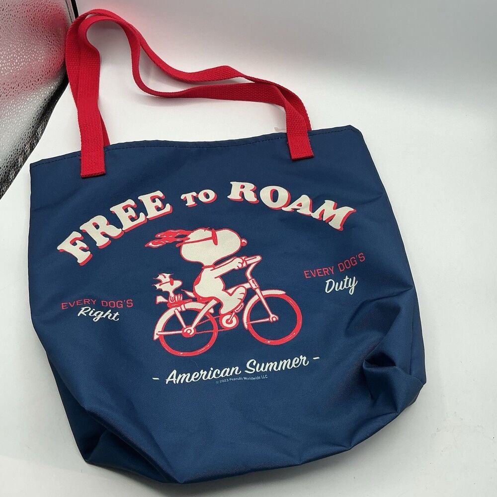 Peanuts Snoopy Woodstock Free To Roam Tote Bag Blue Red American Summer 2023